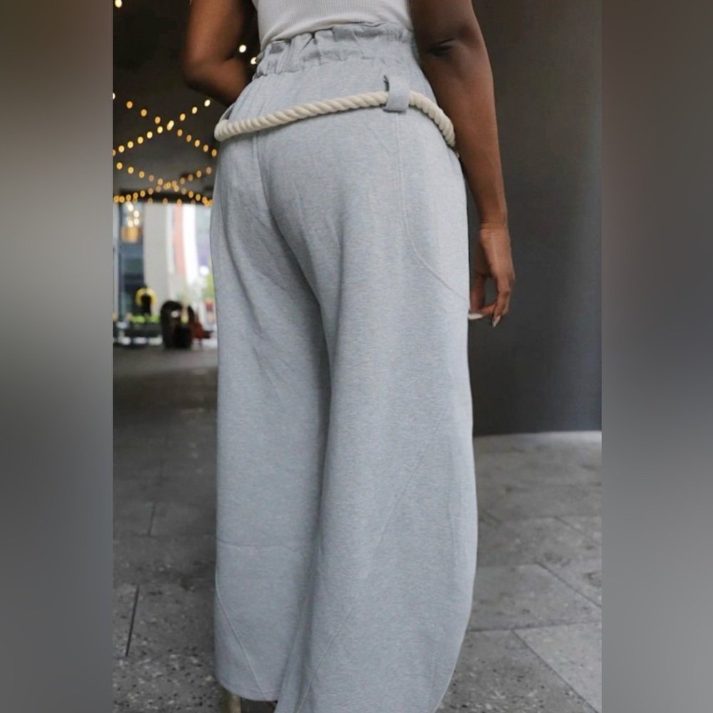 Casual Gray Wide-Leg Pants with Rope Detail - Picture 2 of 2
